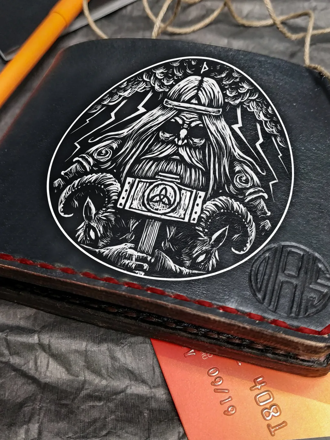 Scandinavian God Thor, Personalized Leather Wallet, Black bifold Men, Leather Embossed wallet, Mens wallet, Women's wallet, boyfriend him