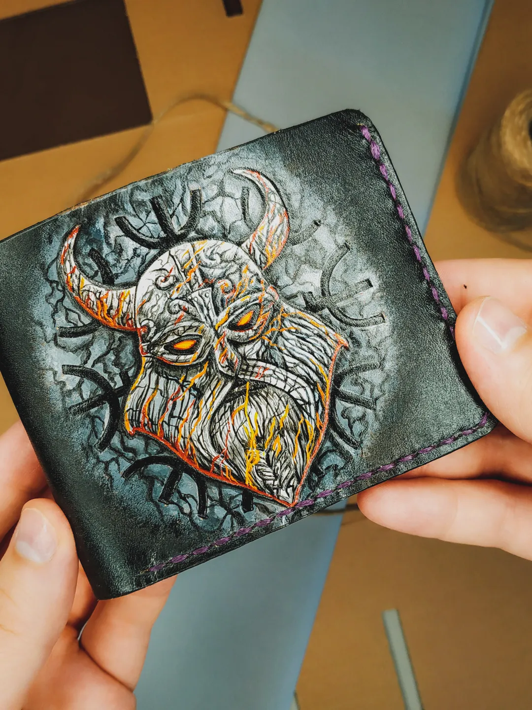 Scandinavian God Odin Thor, Personalized Leather Wallet, Black bifold, Leather Embossed wallet, Hand Painted wallet men women, Custom Wallet