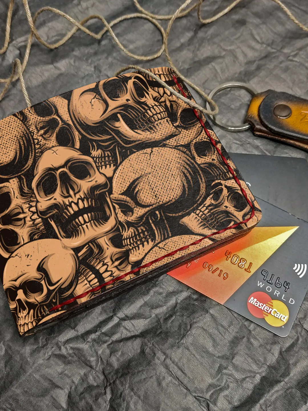 Skulls Leather wallet, Embossed Leather Wallet, Bifold Men WOmen, Handpainted wallet, Custom bifold, Mens Womens wallet him gift, Art wallet