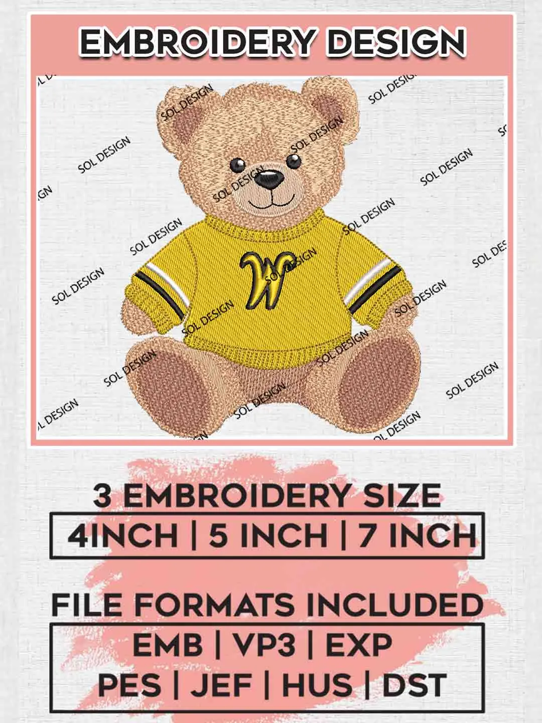 Wichita State Teddy Bear Logo Embroidery Designs, Football Team Logo Embroidery files, Sport Machine embroidery designs, Instant Download