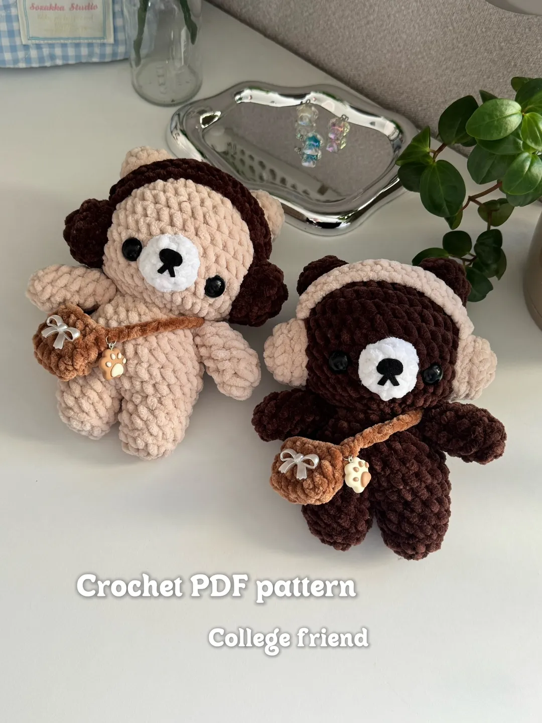 Crochet PDF pattern College friend | crochet bear in headphone with bag pattern | crochet plushie toys