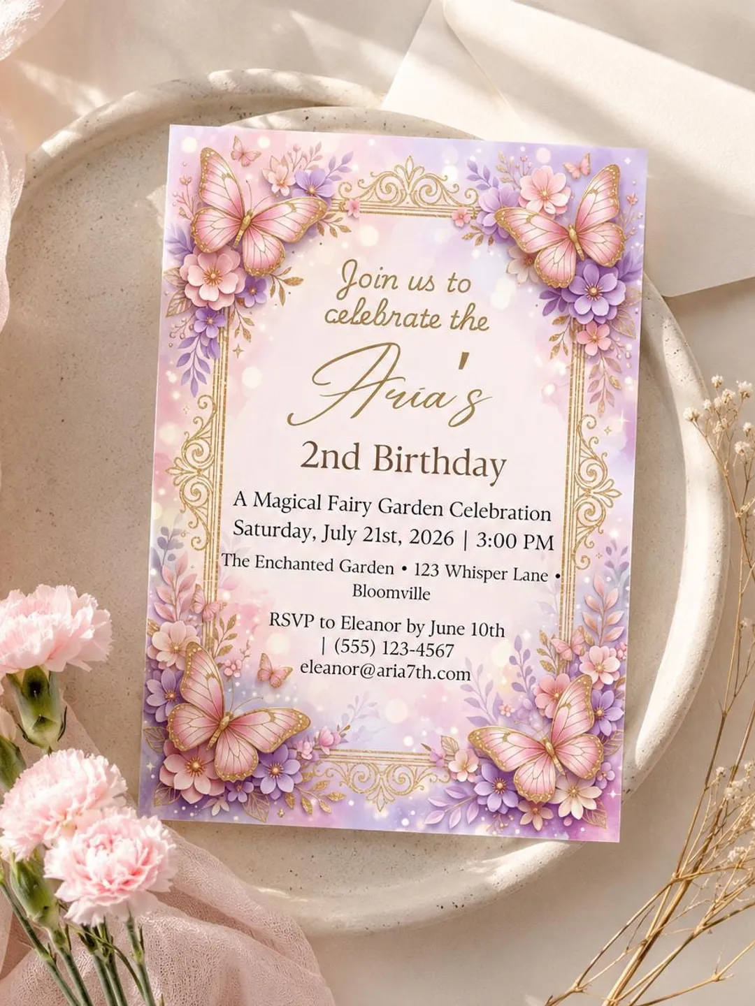 Butterfly Birthday Invitation, Editable Canva Invite, Fairy Garden Birthday Invitation, Pink Purple Floral Party Invite, Digital Download