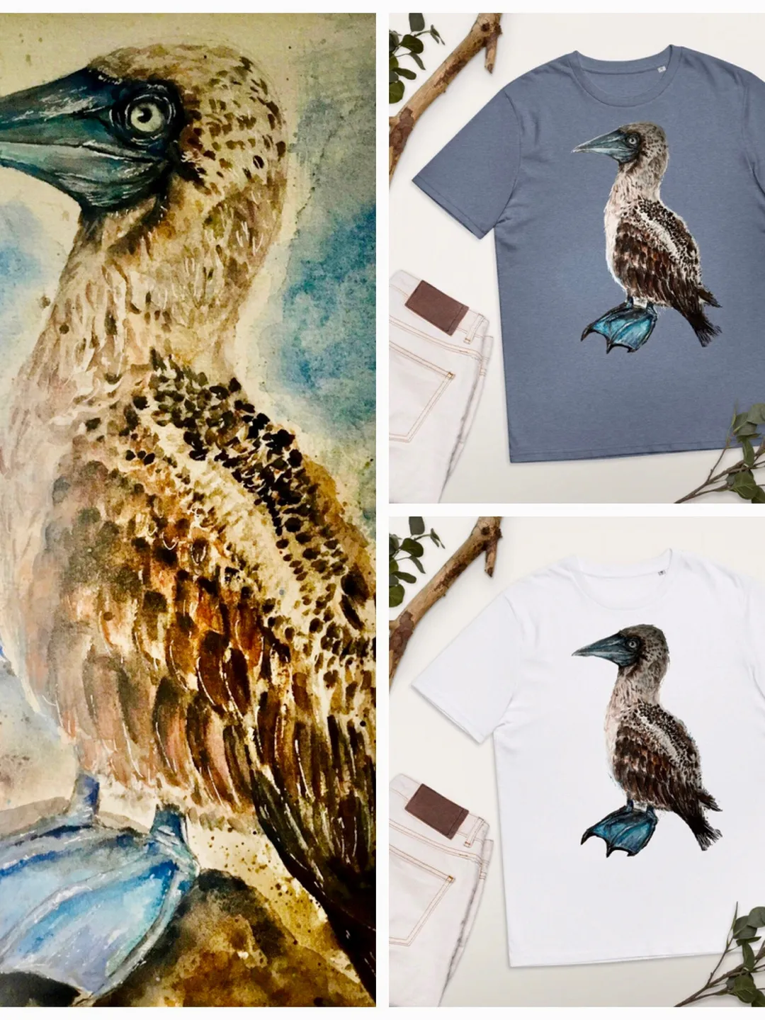 Blue footed booby unisex organic t shirt made with my original watercolor painting,unique handmade wearable gifts,exotic animals t shirts.