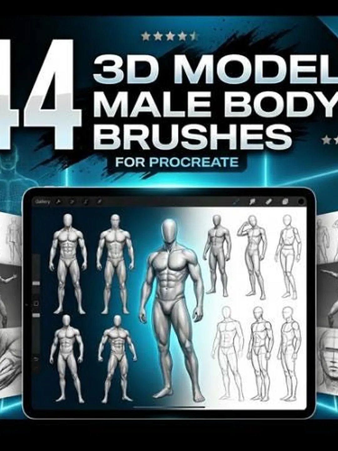 44+Procreate Male Body Model Brushes | 3D Anatomy Figure Drawing (Digital Download)