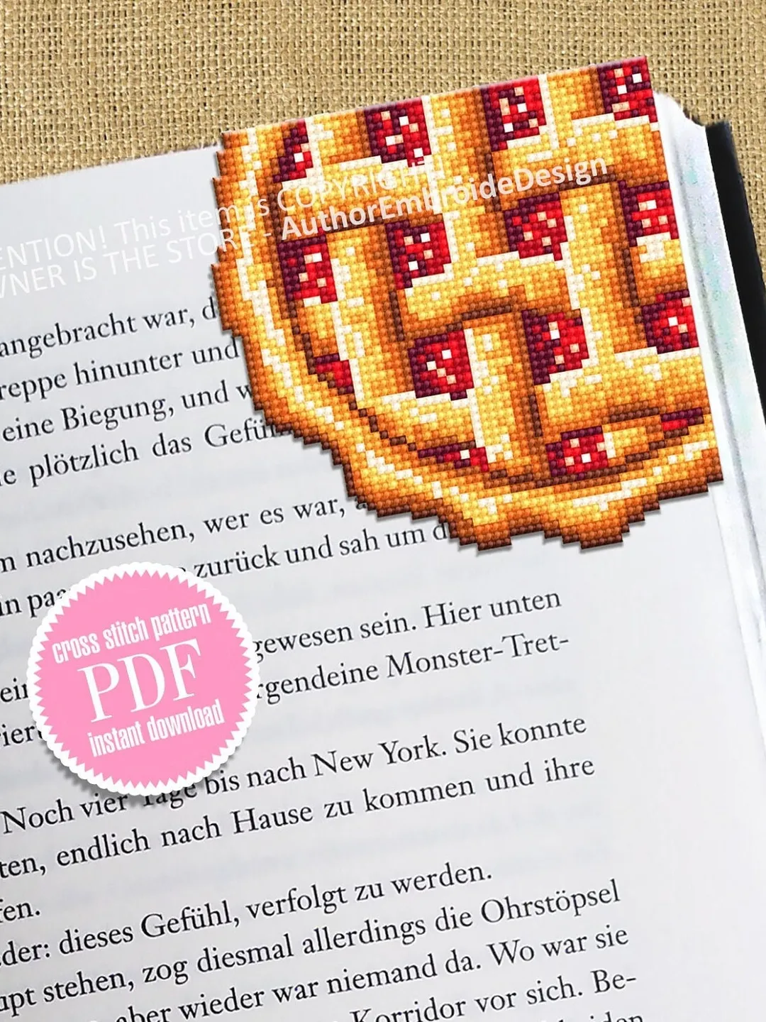 Corner bookmark cross stitch pattern PDF download, Pie cross stitch chart, Food bookmark digital PDF, Funny bookmark for beginner #B254