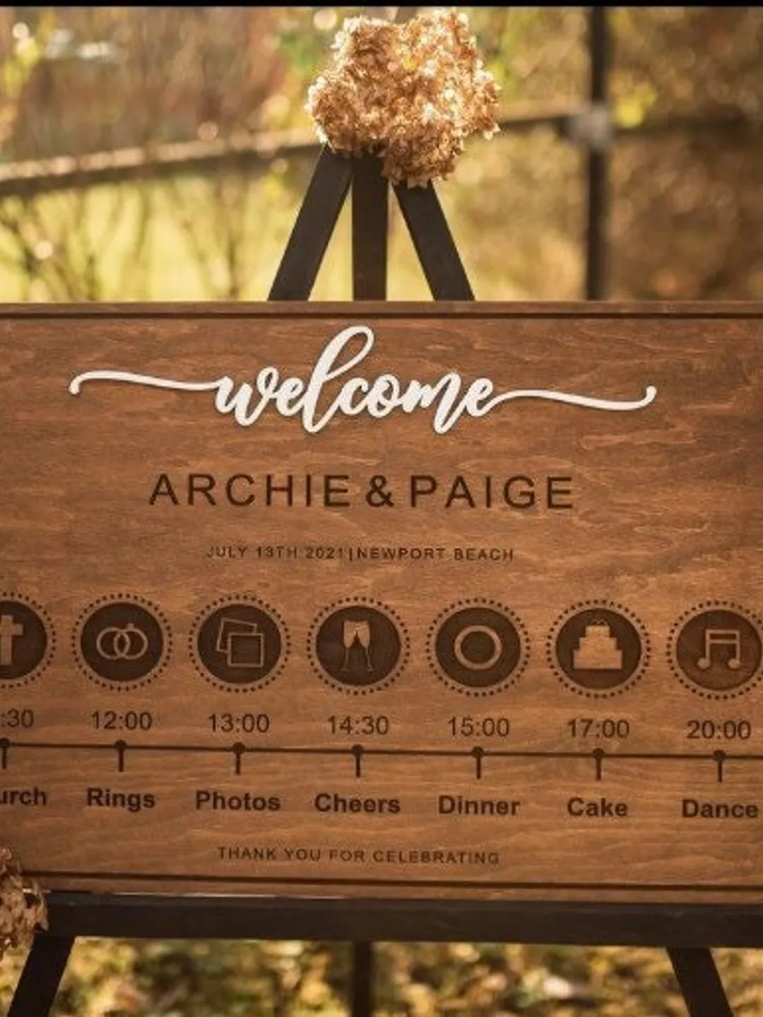 Order of events wedding sign, wooden welcome to wedding decor, wedding schedule template, wedding reception, newlyweds custom names sign