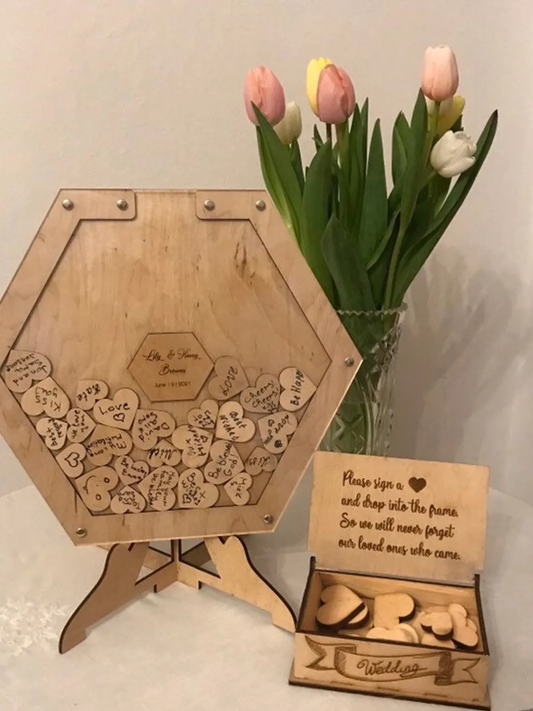 Wedding drop box guest book, wooden rustic wedding decor, personalized keepsake hexagon box, custom book alternative
