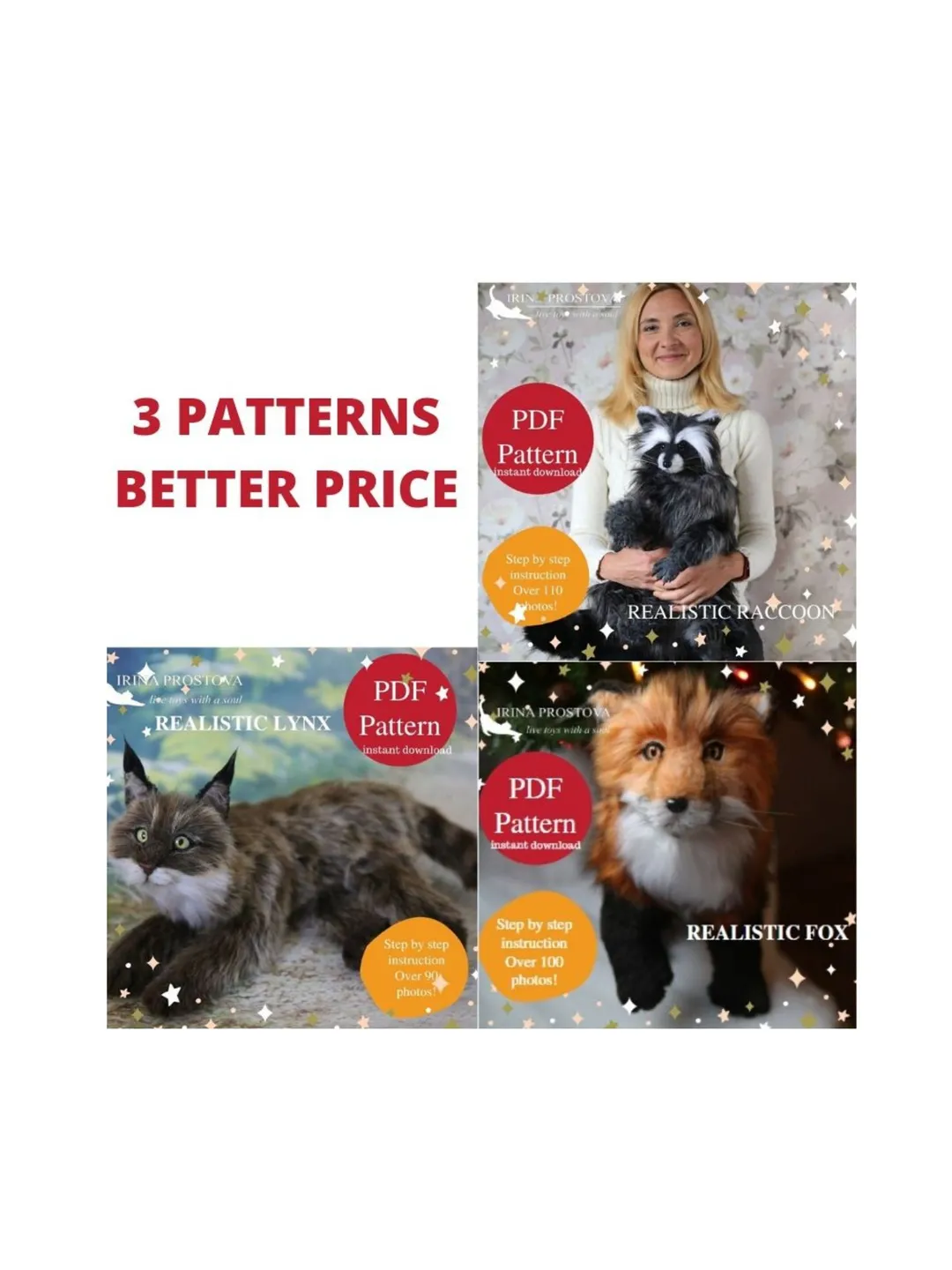 Raccoon, Lynx and fox sewing pattern plush toy | instruction how to sew | Stuffed Animal Sewing Tutorial | Plush pattern