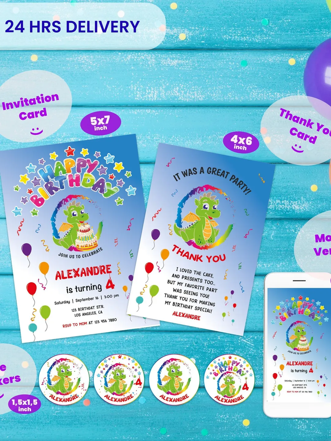 Personalized Digital Birthday Invitation, Dragon Party Bundle, Kids Birthday Invitation Bundle, Birthday Invite Set, Dragon Invite, Dragon