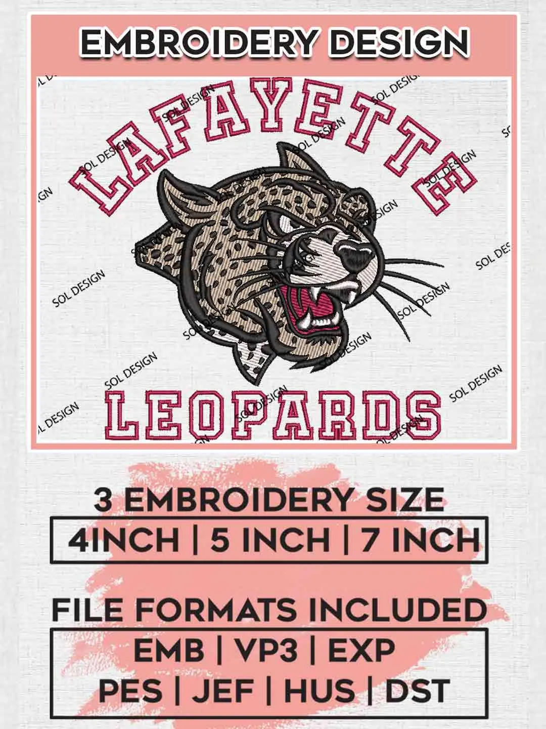 Lafayette Leopard Embroidery Design, Football Embroidery files, Sport Machine embroidery files, 3 sizes, Instant Download