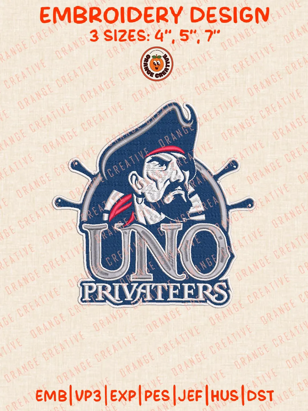 UNO Privateers Logo Embroidery Design Files, NCAA Logos Embroidery Designs, NCAA New Orleans Privateers Machine Embroidery Files, 3 Sizes, Custom Sizes, Instant Download