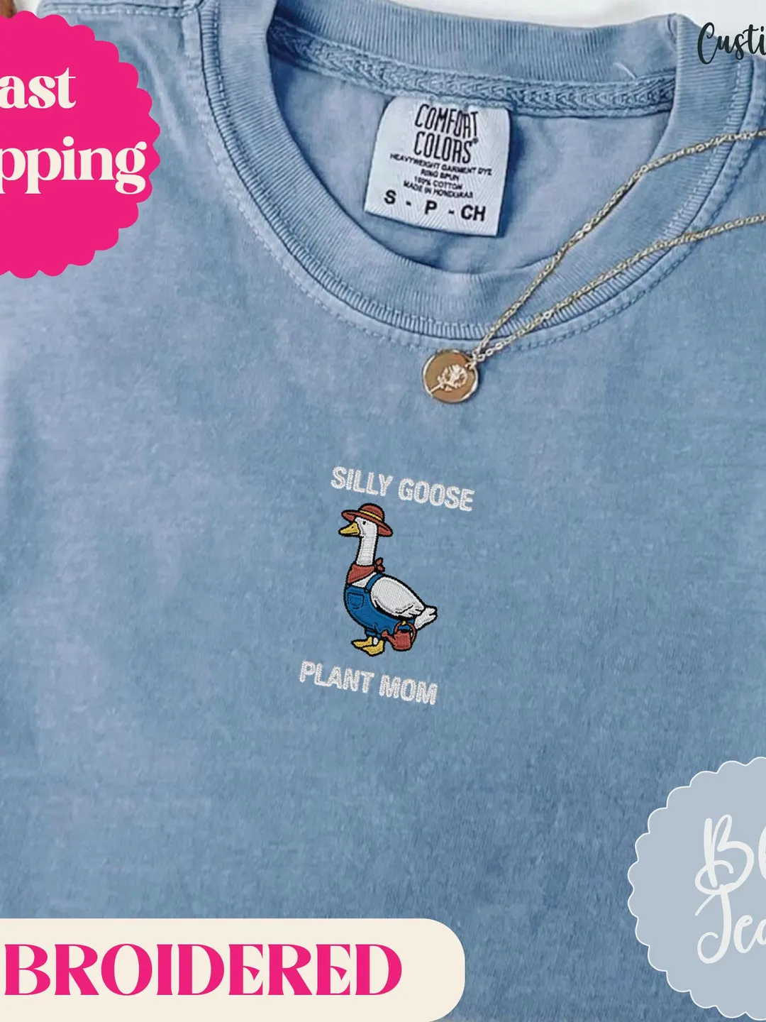 Silly Goose Plant Mom Shirt Embroidered. Funny Garden Shirt for Plant Lovers. Comfort Colors Blue Jeans Tee. Goose Embroidery Gift for Mom