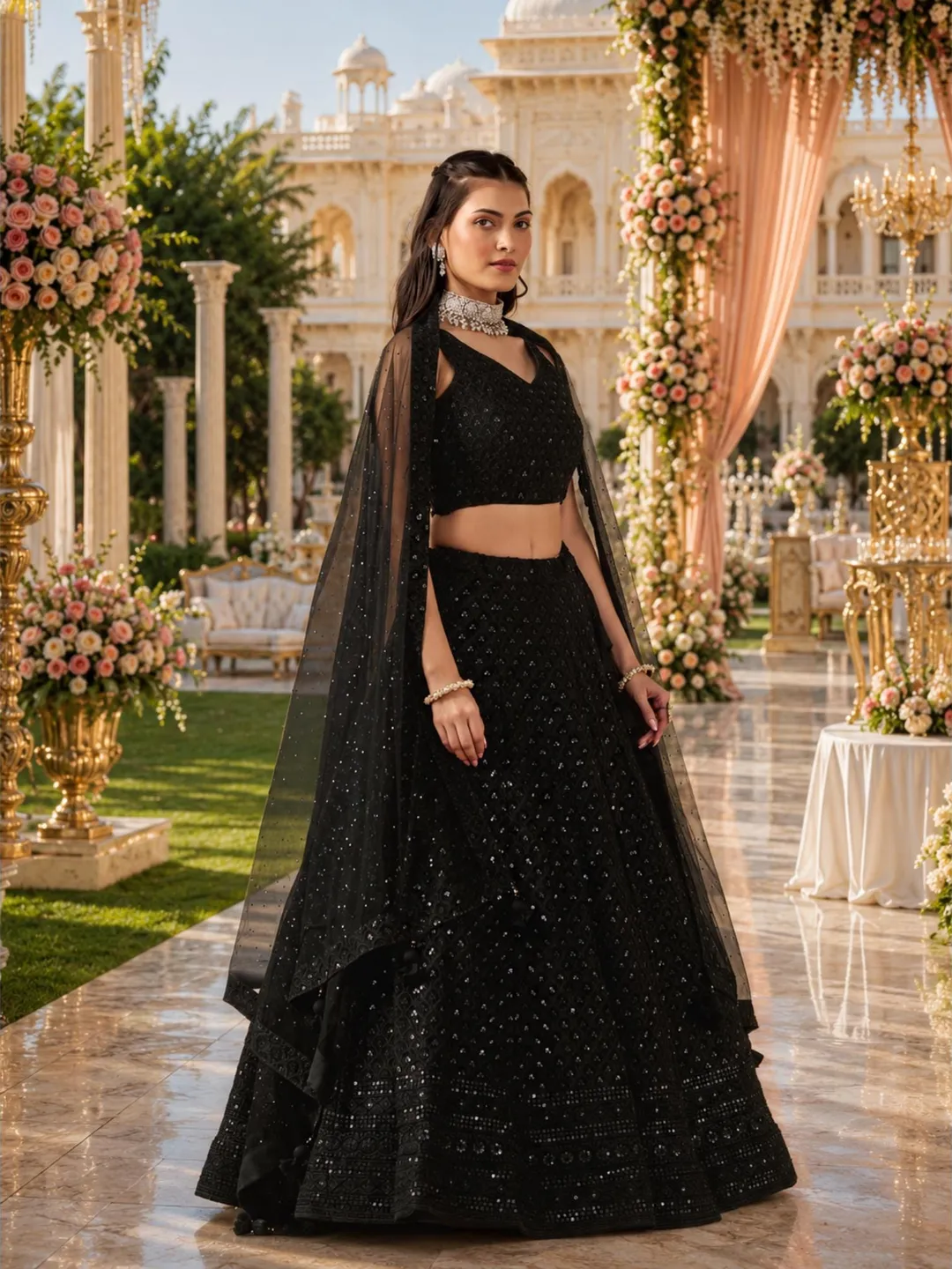 Black Georgette Ready To Wear Lehenga Choli For Women: Sequins Embroidery Indian Wedding Wear