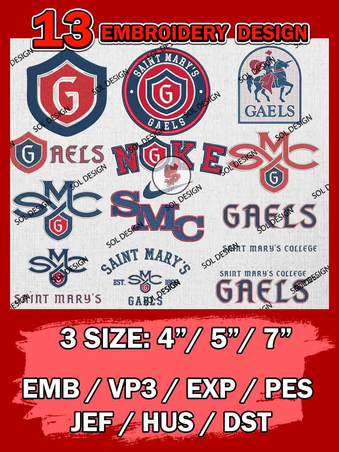 13 NCAA Saint Marys Gaels Bundle Embroidery Files, NCAA Saint Marys Gaels Team Bundle Embroidery Designs, NCAA Teams, National College Football Team 3 sizes, NCAA Saint Marys Machine Embroidery, Digital Download