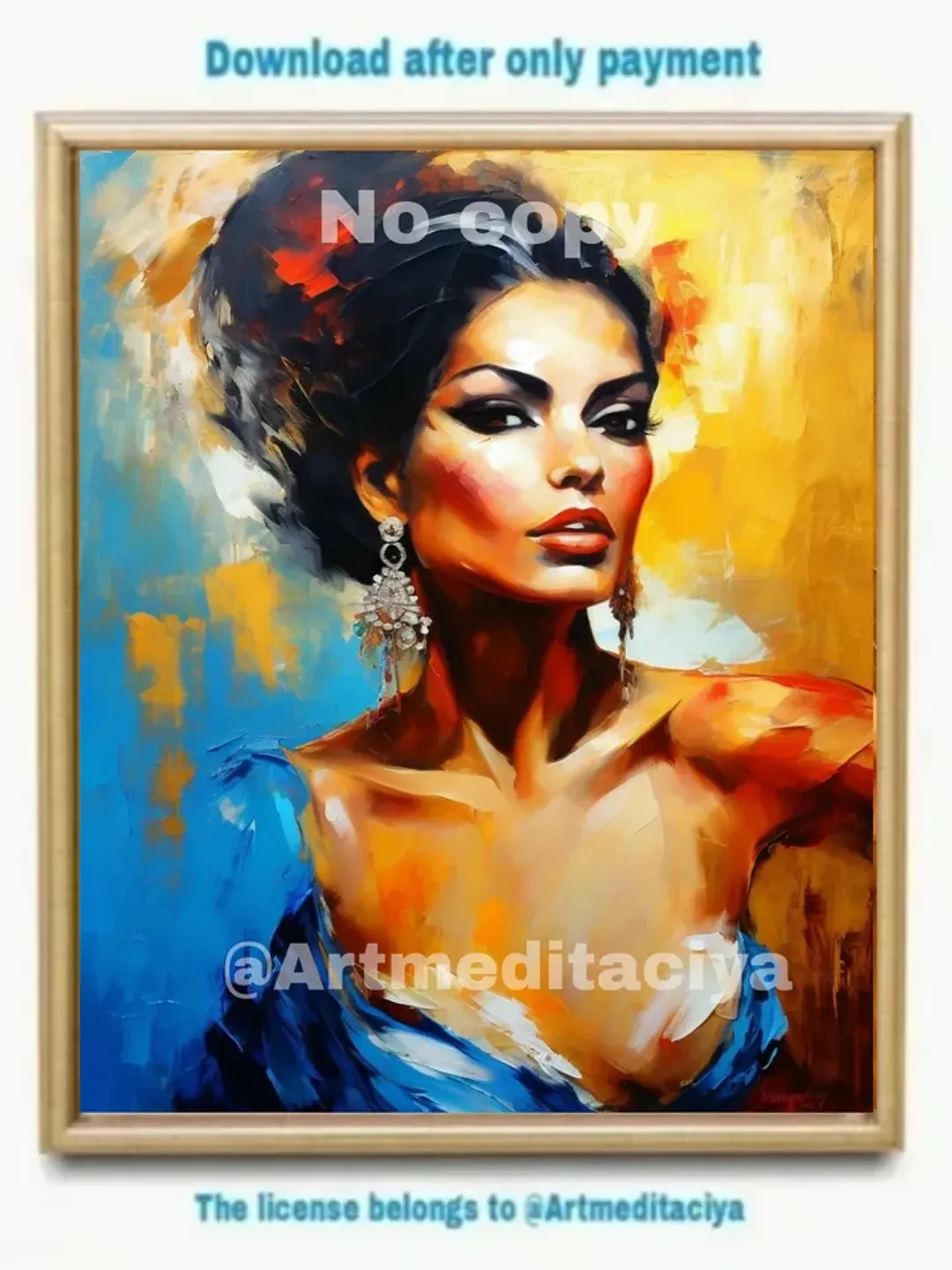 Digital abstract painting "Dancing Carmen" in the style of oil painting with a palette knife on an abstract yellow-blue background. This is an image of a dynamic Spanish brunette in a blue neckline with earrings and a red flower in her hair