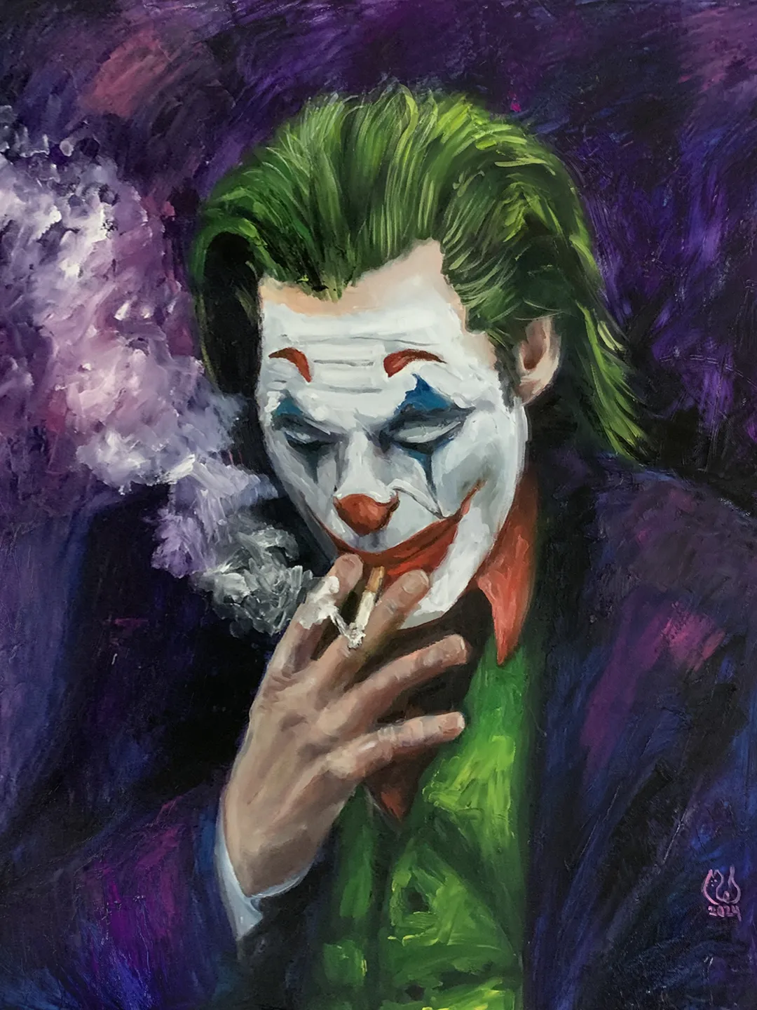 Joker Smoking, Oil painting Expressive Art 24x28 inches,