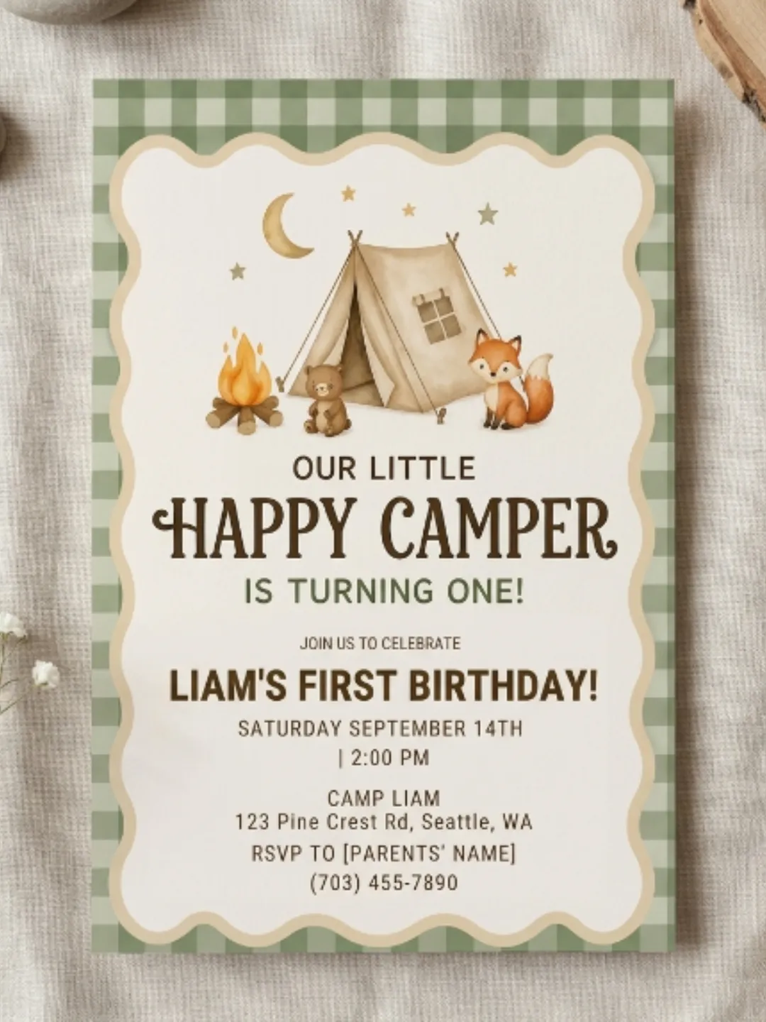 Little Camper First Birthday Invitation | Camping & Woodland Theme