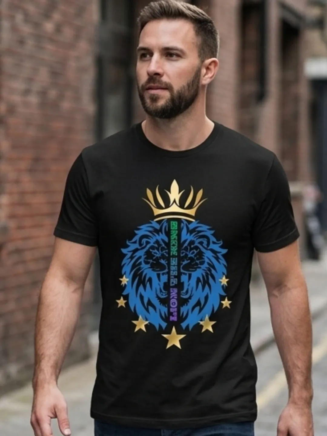Majestic Blue Lion King with Gold Crown Digital T-Shirt Design - Urban Streetwear Graphic - High-Res PNG for Apparel & DIY Iron-On Transfers
