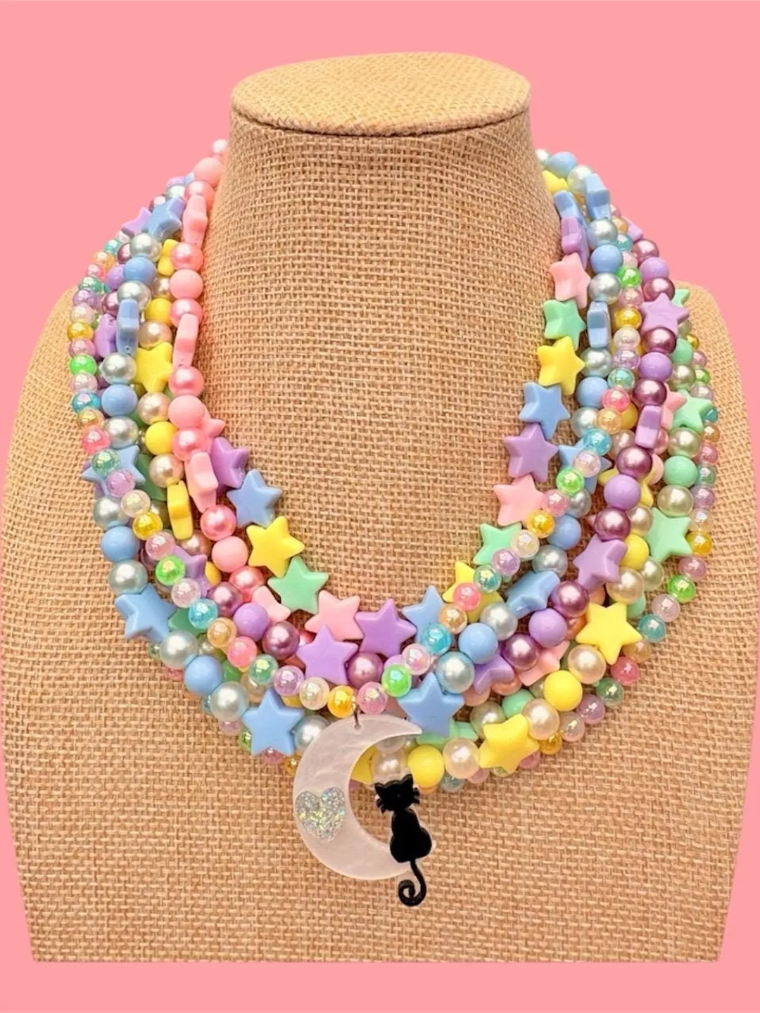 Kawaii pastel star faux pearl beaded crescent moon and cat charm layered necklace