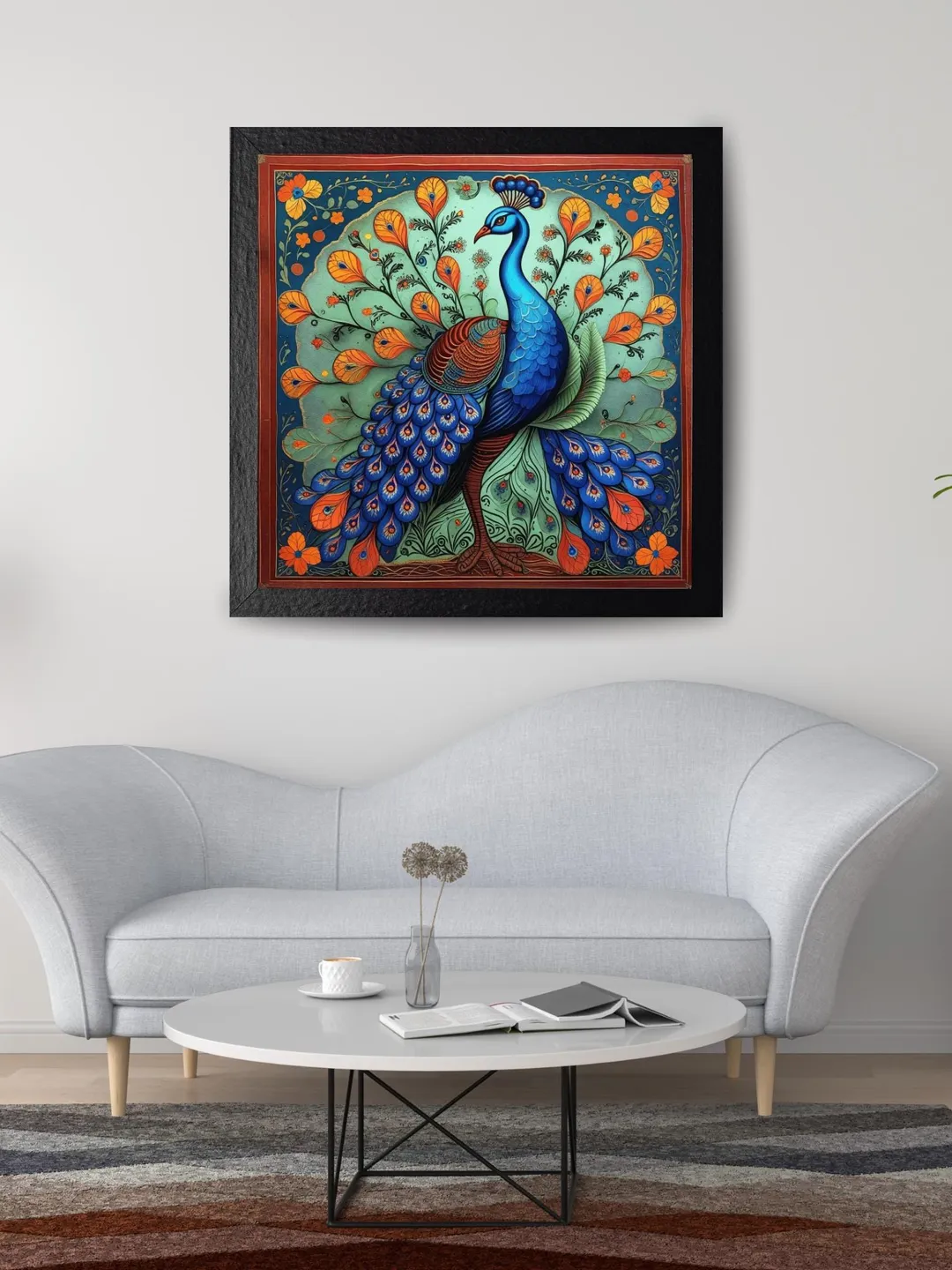 Vibrant Indian print, Madhubani painting, peacock wall art, and folk ...