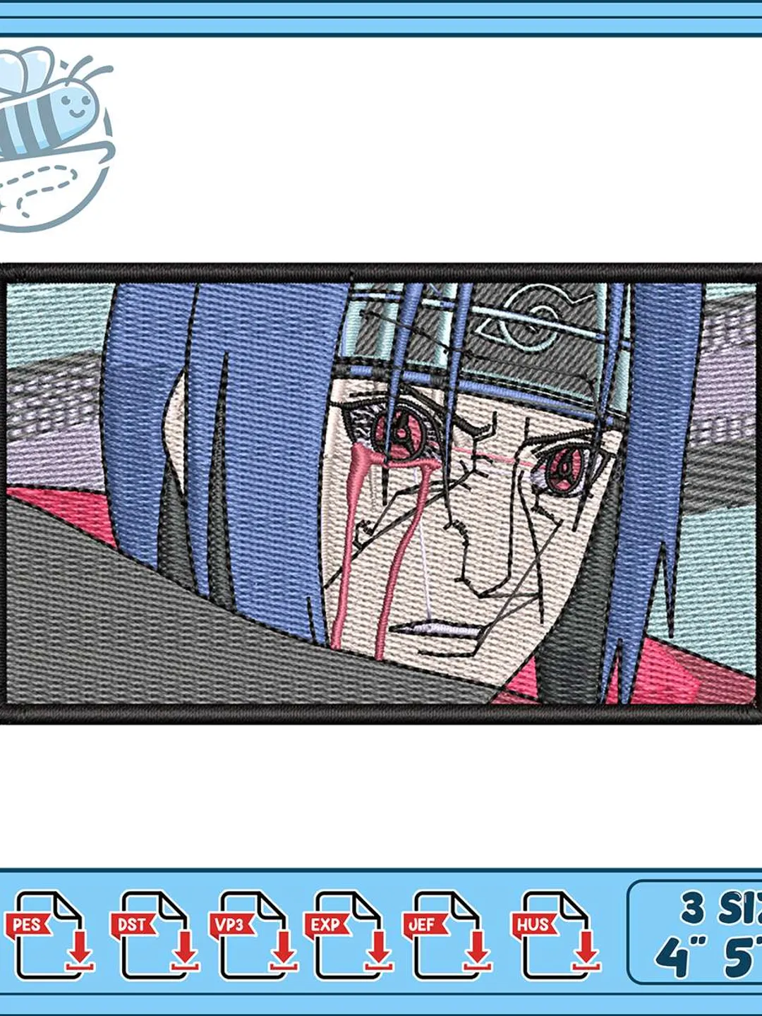 Itachi Uchiha Sharingan Embroidery Design, Anime Patch Machine Embroidery File, Naruto Character Crying Eyes Rectangle Frame Design