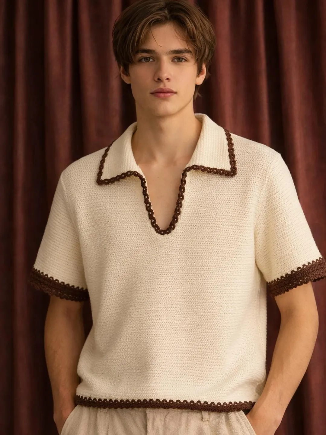 Luxury Cream Knit Polo Top, Brown Crochet Trim Collar Shirt, Retro