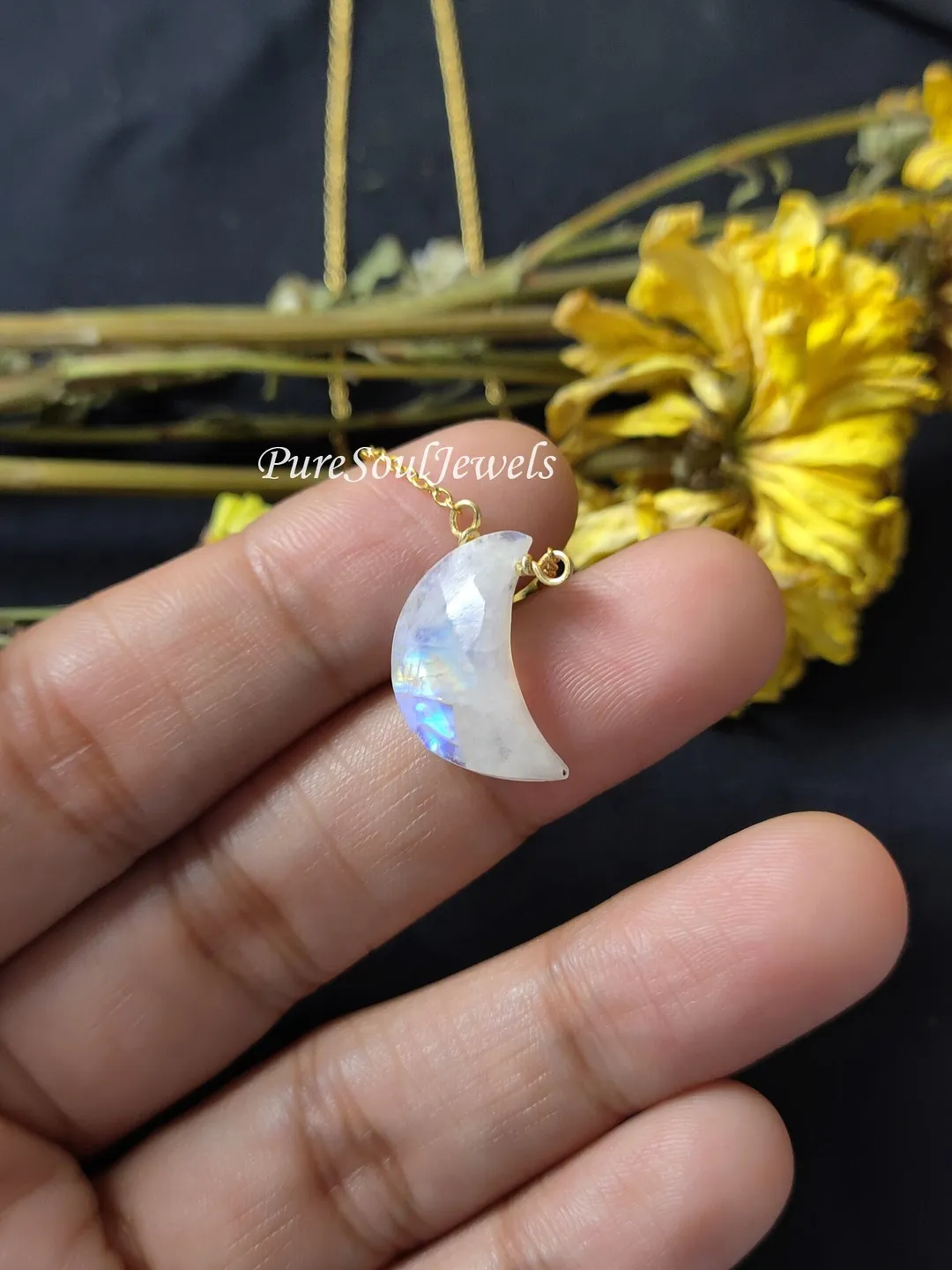 Rainbow Moonstone Crescent Moon Necklace, 925 Silver Celestial Jewelry, Blue Fire June Birthstone Pendant