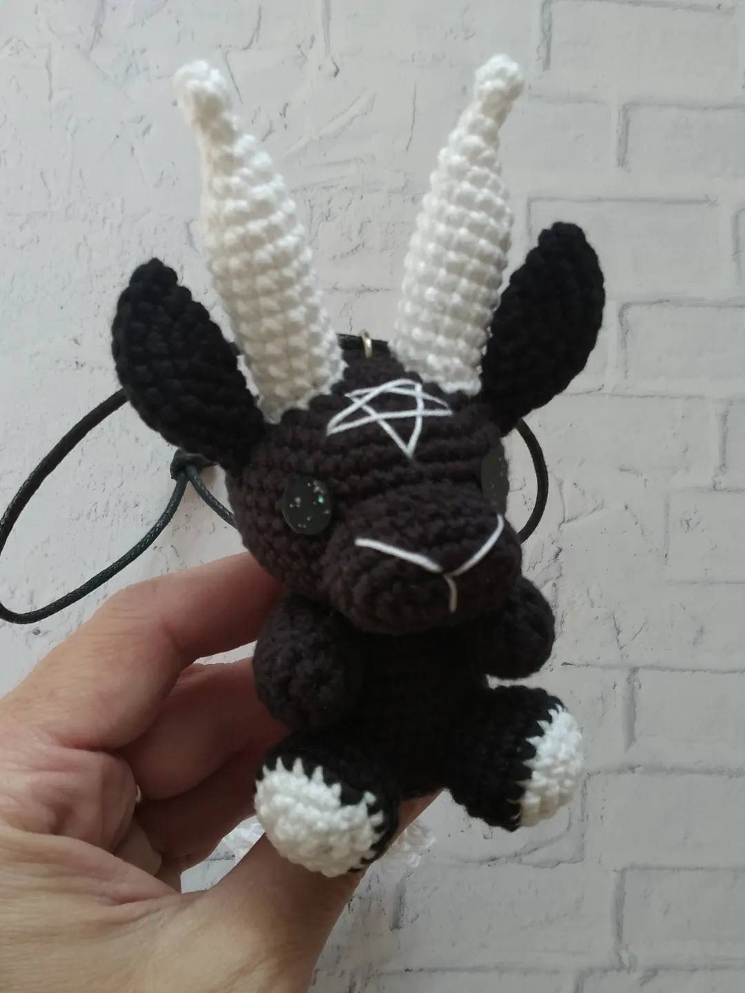 Baphomet gothic car accessories, crochet plushie car charm, hanging plush, creepy car decor, rear view mirror accessories, car interior, goth car, horror car decor, weird sharm, baphomet amigurumi, demon plushie