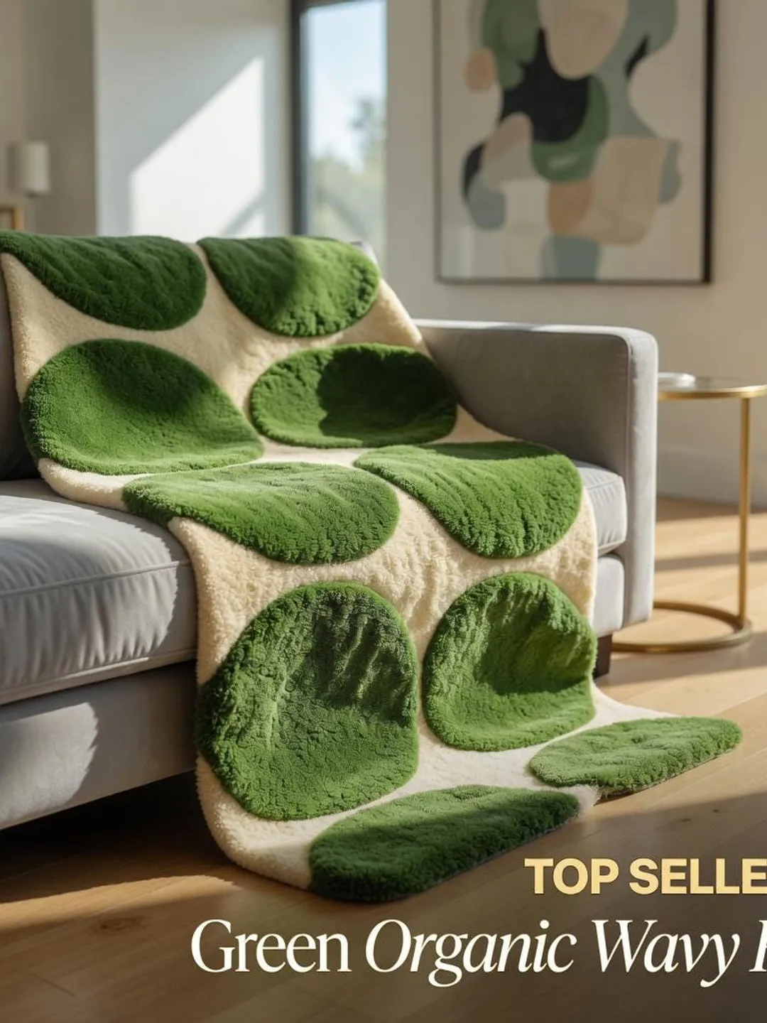 Handmade Abstract Green Dot Wool Rug, Organic Shape Carpet, Mid Century ...
