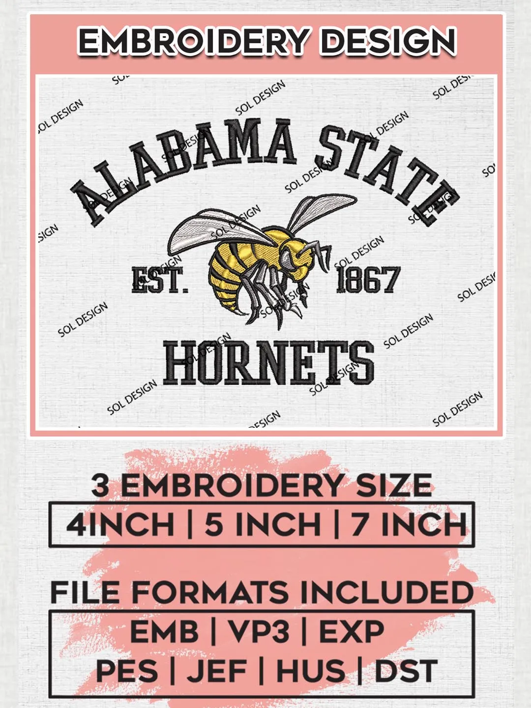 Alabama State Hornets Est 1867 Logo Embroidery Designs, NCAA Alabama State Hornets Team Embroidery, NCAA Team Logo, 3 sizes, Machine embroidery Files, Digital Download