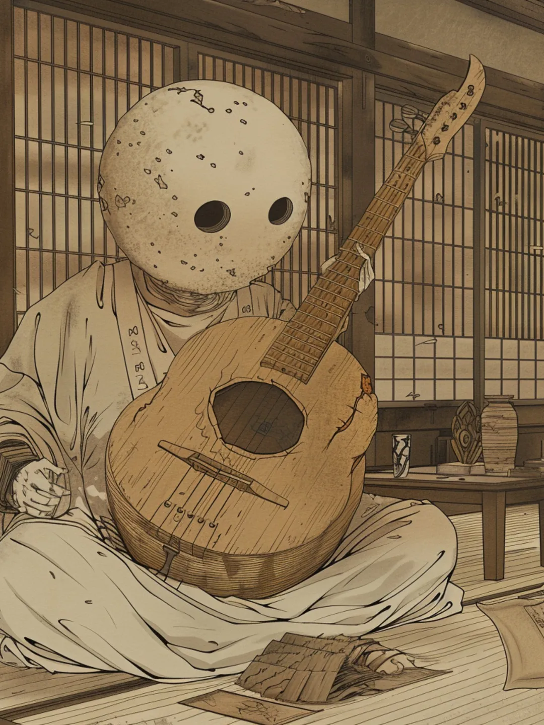 SIX Traditional Japanese Musician Art, Digital Download, Moon Head