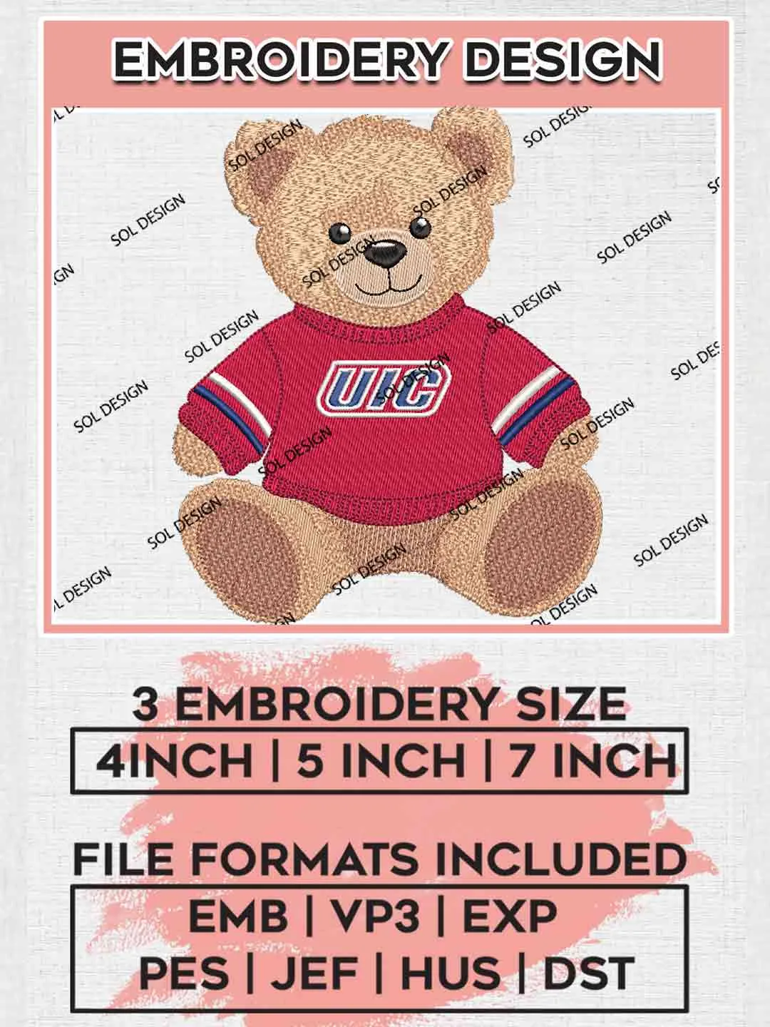 UIC Flames x Cute Teddy Bear Logo Embroidery Designs, NCAA Logo Embroidery files, NCAA UIC Team, Machine embroidery designs, Instant Download