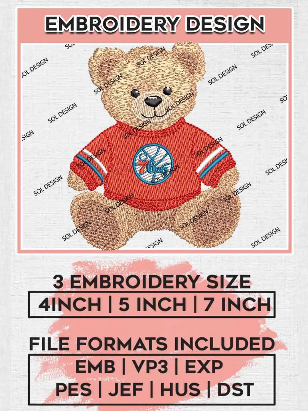 NBA Philadelphia 76ers Teddy Bear Embroidery Designs, Vintage Sports Bear Basketball Embroidery Design File, NBA 76ers Team, Cute Teddy Bear Embroidery, NBA Philadelphia 76ers