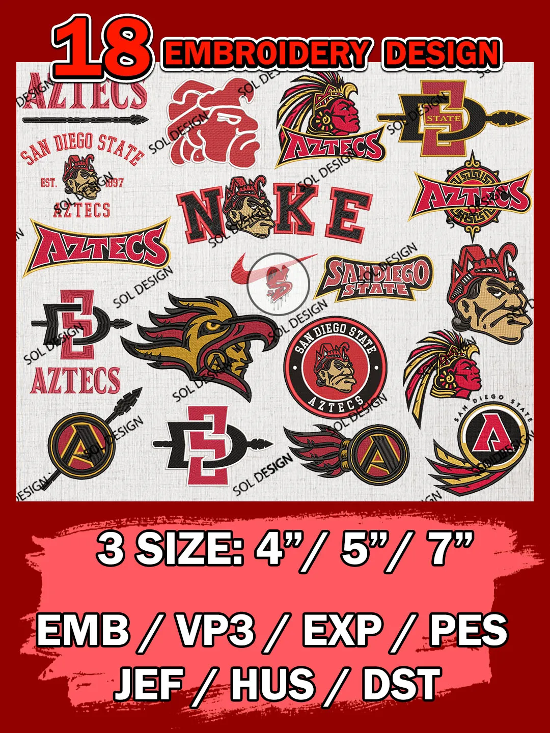 18 NCAA San Diego State Aztecs Bundle Embroidery Files, NCAA San Diego State Aztecs Team Bundle Embroidery Designs, NCAA Teams, National College Football Team 3 sizes, NCAA San Diego State Machine Embroidery, Digital Download
