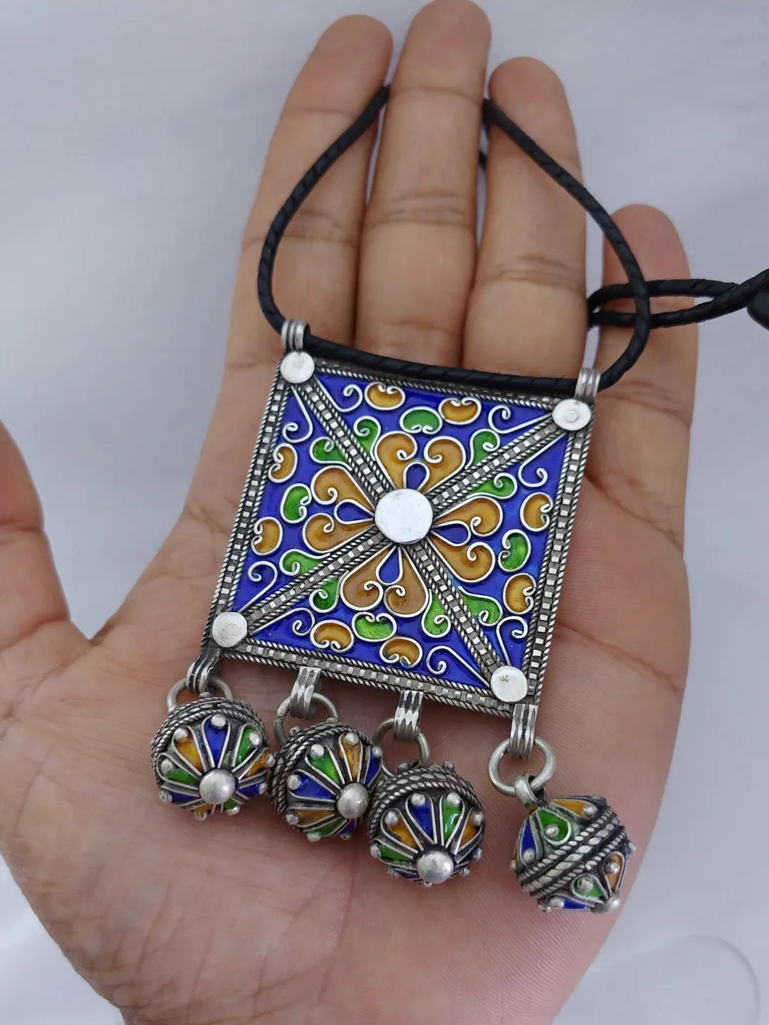 Vintage Berber Enamel Silver Pendant: Moroccan Amulet Talisman