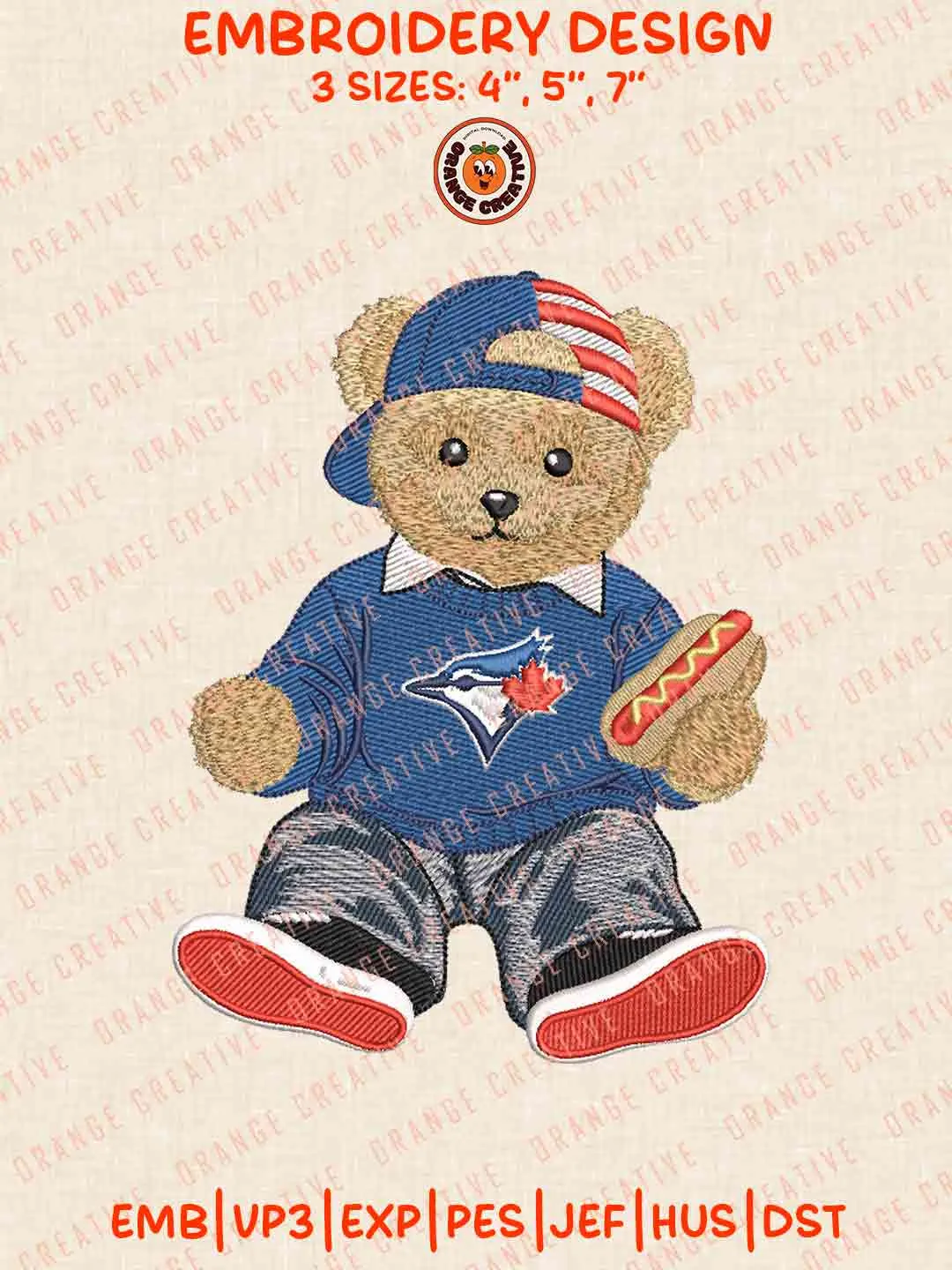 MLB Toronto Blue Jays Teddy Bear Hot Dog Embroidery Files, MLB Blue Jays Embroidery Design, Machine Embroidery Design File, 4 Sizes, Custom Size, Digital Download
