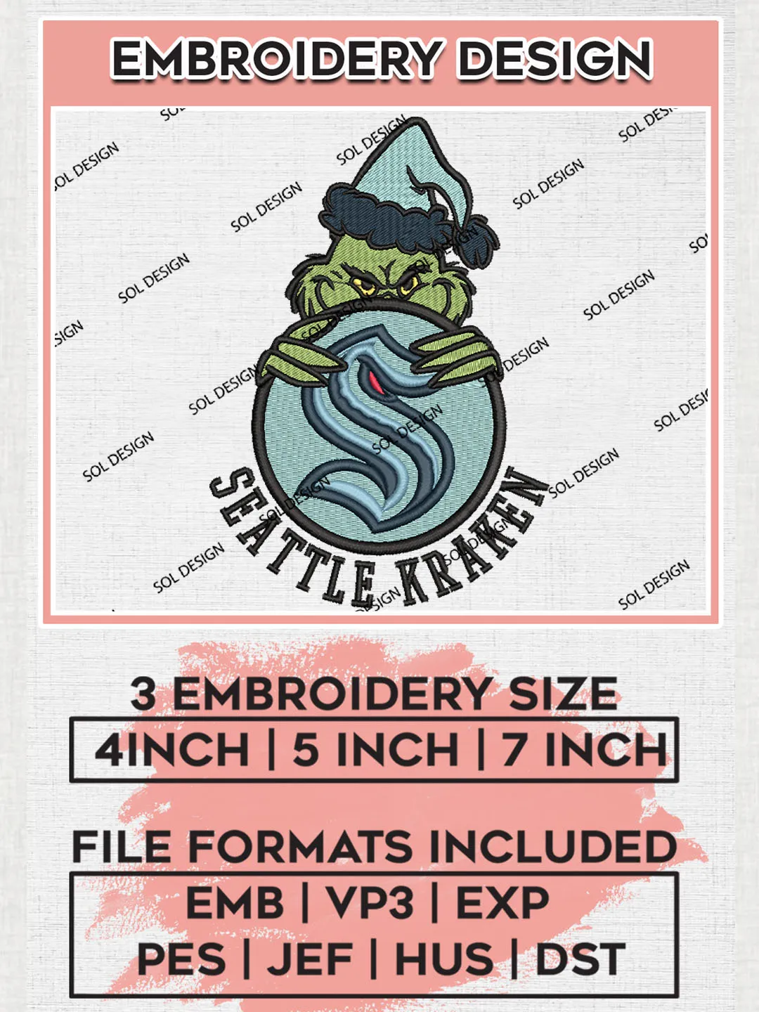 NHL Seattle Kraken Team x Christmas Grinch Logo Embroidery, Grinch Logo Embroidery files, NHL Hockey Team, NHL Seattle Kraken Team Machine embroidery designs, Digital Download