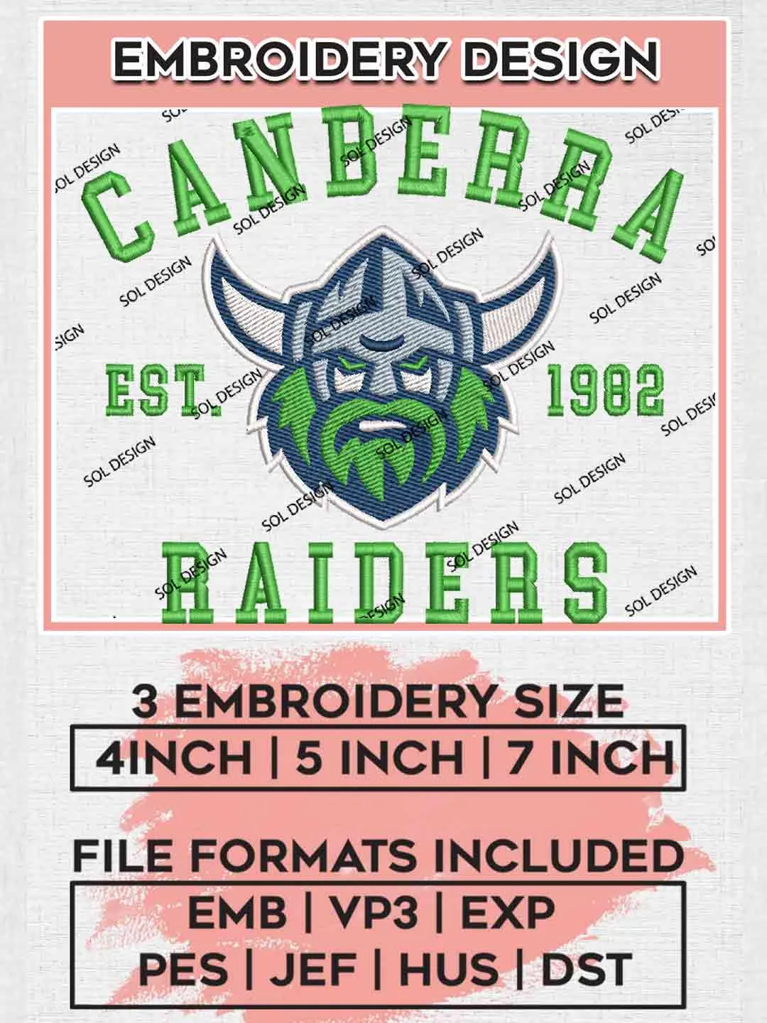 NRL Canberra Raiders Est 1982 Embroidery Design , Canberra Raiders Logos Embroidery Design, National Rugby League Logo, NRL Machine Embroidery Digitized Pes File,4 Sizes, Instant Download