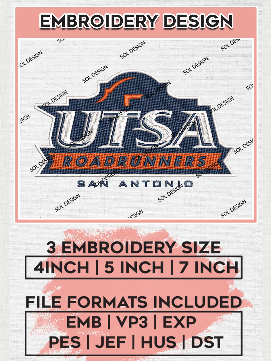 NCAA UTSA Roadrunners Team San Antonio Logo Embroidery Design Files, NCAA UTSA Roadrunners Machine Embroidery, NCAA Teams, 3 sizes, NCAA Machine embroidery designs, Digital Download