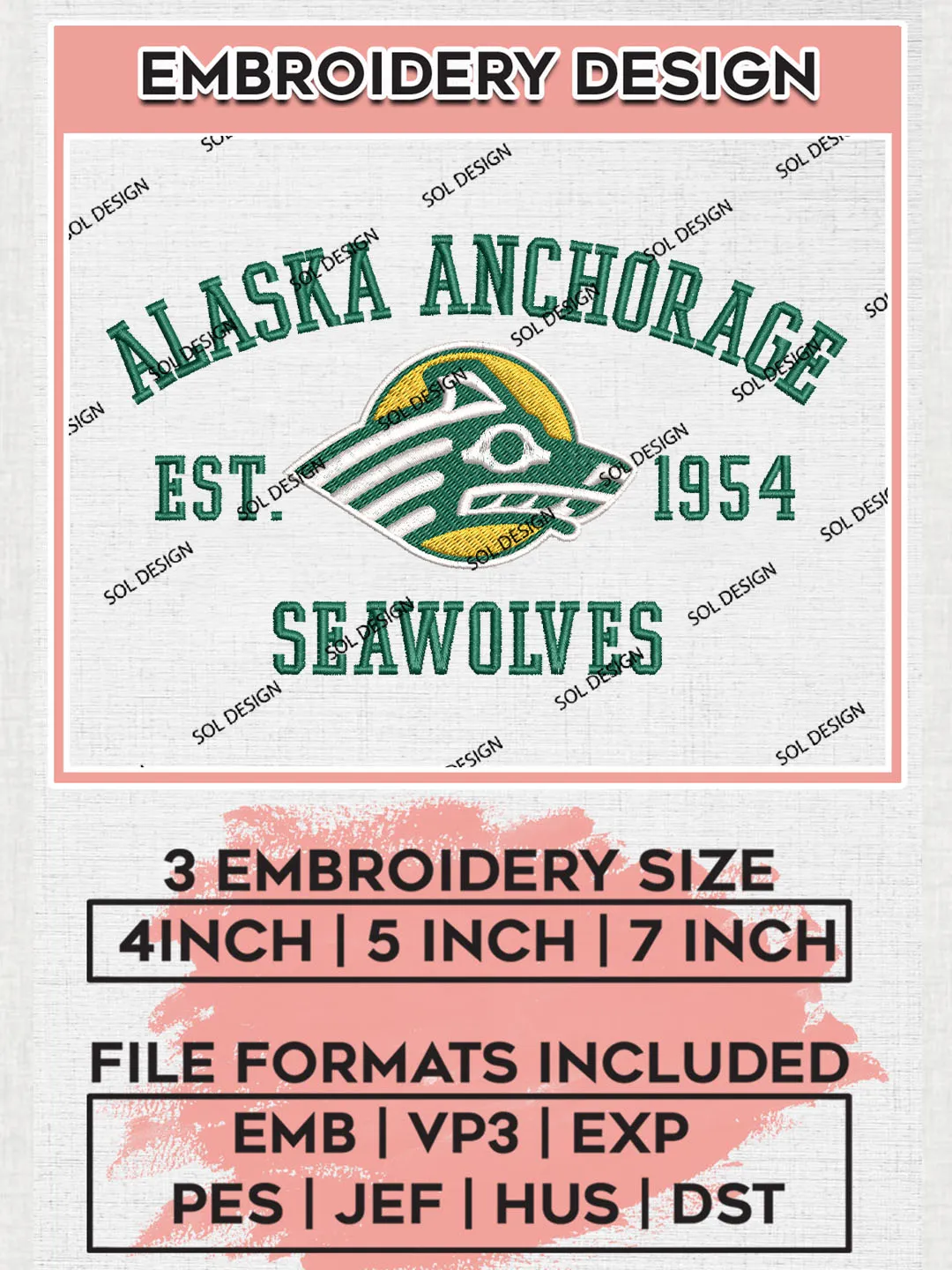NCAA Alaska Anchorage Seawolves Team Est 1954 Logo Embroidery Design Files, NCAA Alaska Anchorage Seawolves Machine Embroidery, NCAA Teams, 3 sizes, NCAA Machine embroidery designs, Digital Download