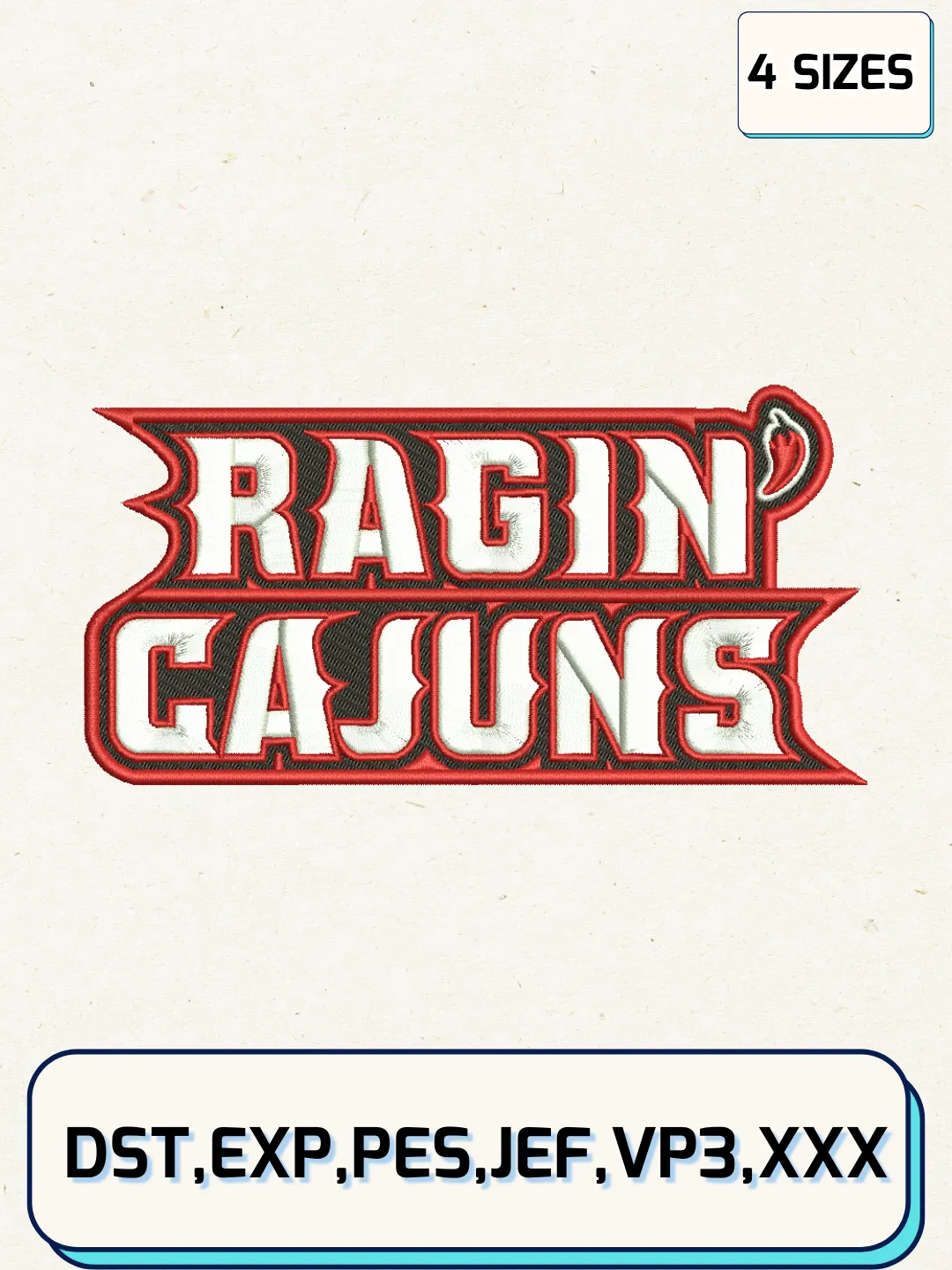 Louisiana Ragin Cajuns Logos Embroidery Design Files, NCAA Logos Embroidery Designs, Machine Embroidery Files, 4 Sizes