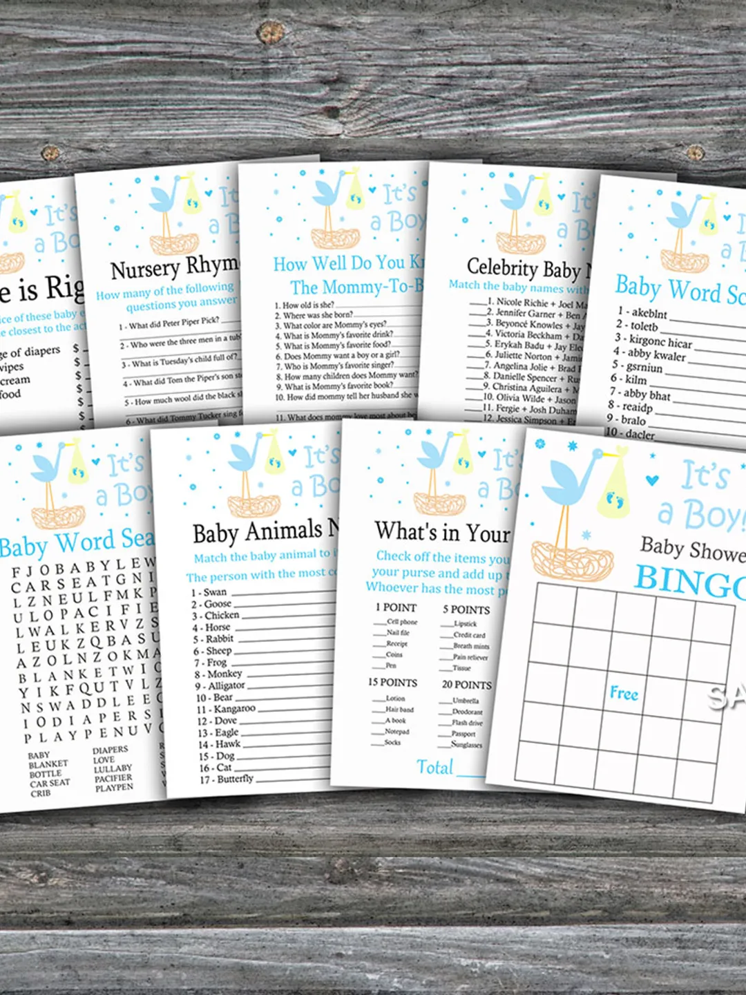 Blue Stork baby shower games bundle,Blue Stork Baby Shower games package,Fun Baby Shower Games,9 Printable Games-210