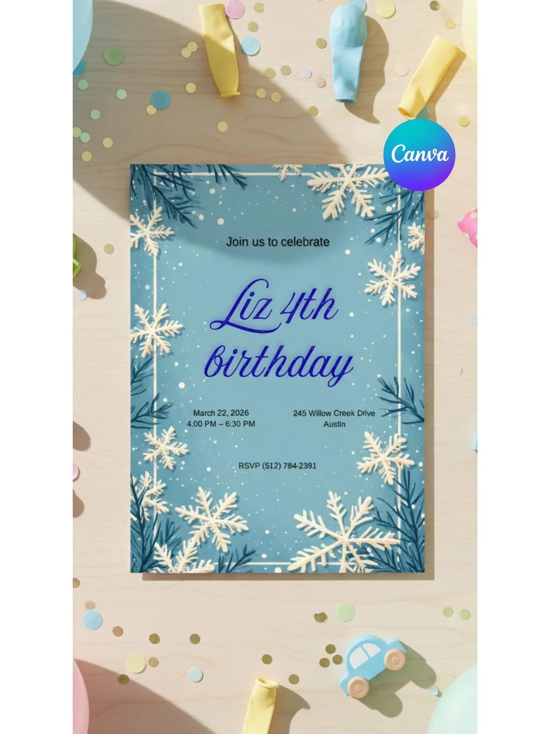 Winter Birthday Invitation Girl 4th Snowflake Party Invite  Canva Template Instant Download