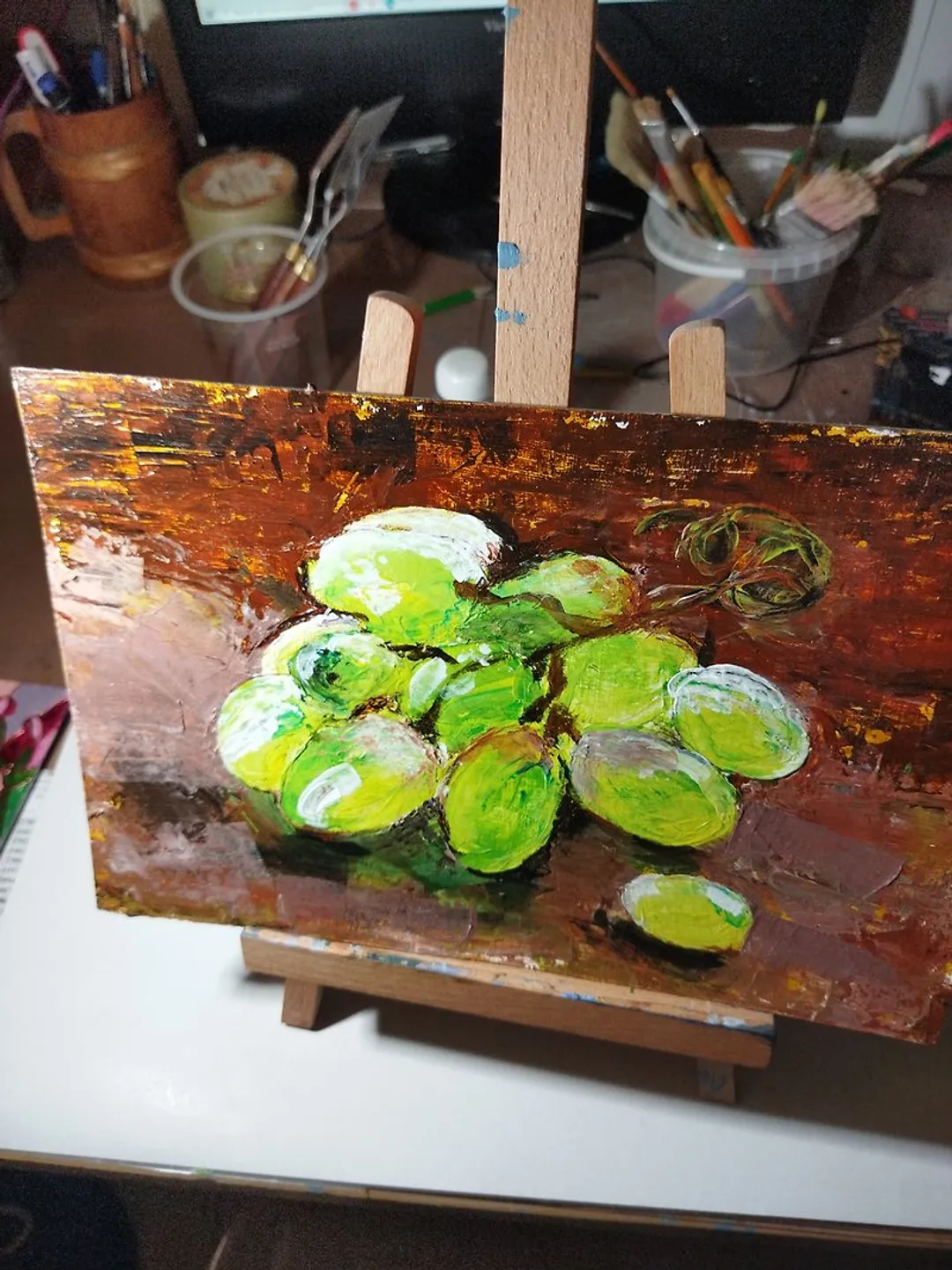 Green ripe grapes fruit berry small oil painting