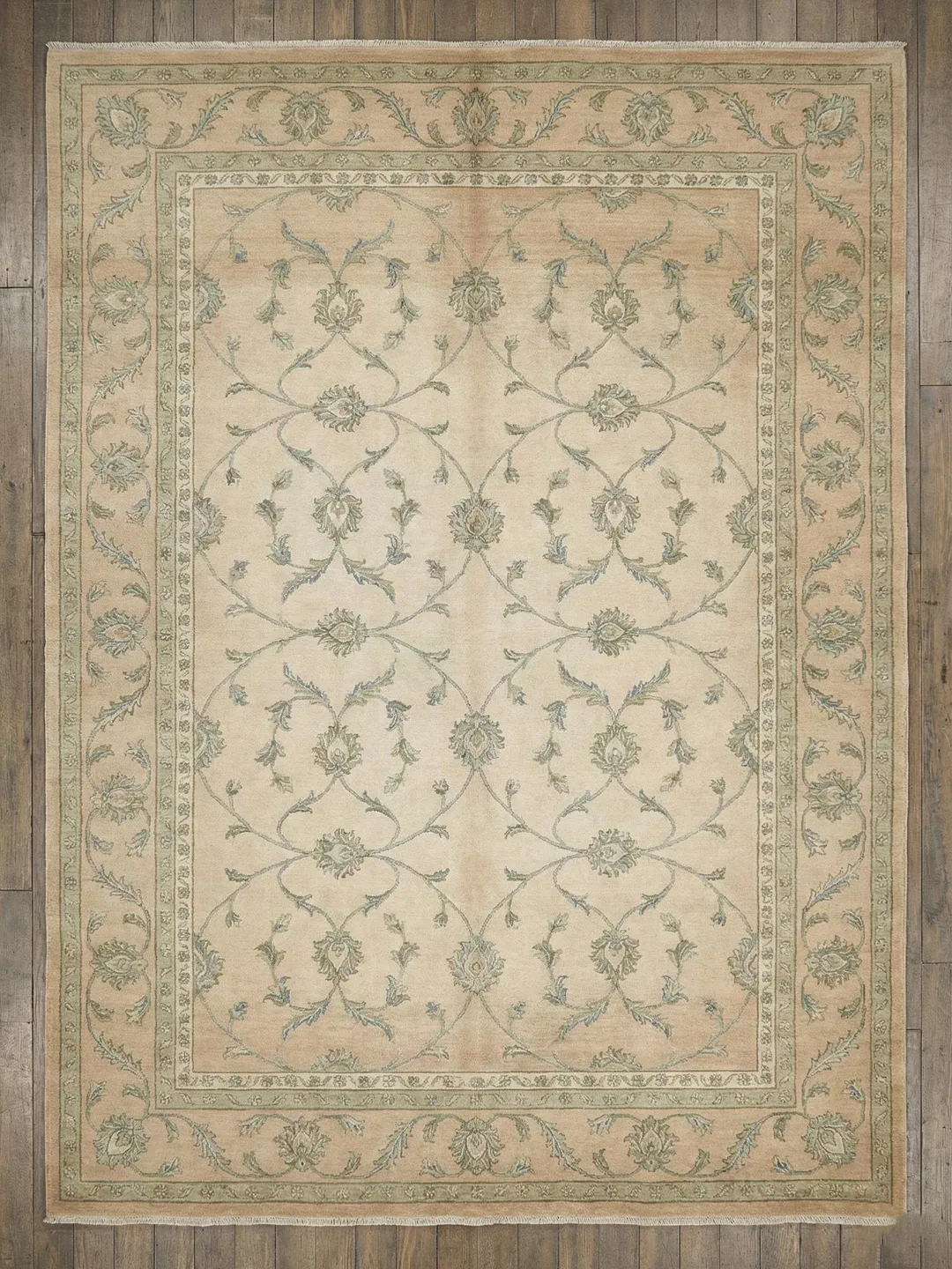 Beige Sage Floral Vine Pattern Hand Knotted Area Rug