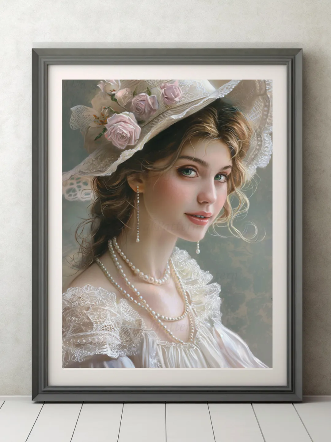 Digital painting. French woman. Romantic girl with a hat. Wall decoration in pastel colors. Parisienne. Digital illustration.Instant download.