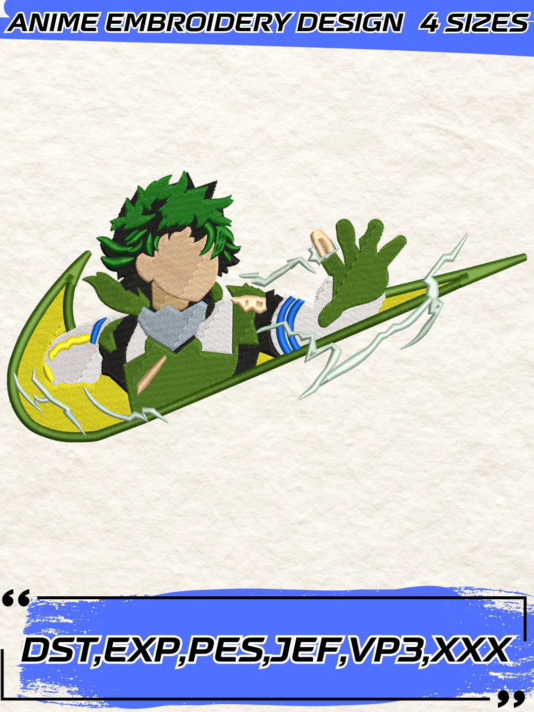 Swoosh Midoriya Izuku Embroidery Design,My Hero Academia Embroidery Design,Machine Embroidery Design File,4 sizes, Instant Download