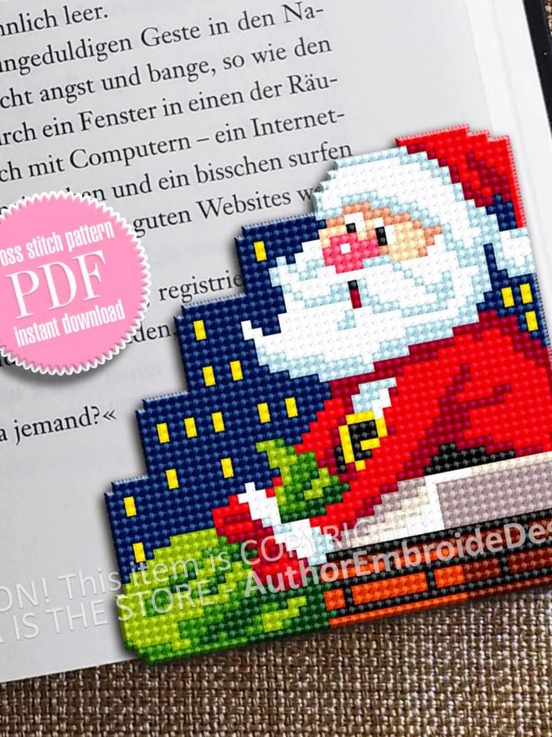 Christmas corner bookmark cross stitch pattern PDF download Santa on the roof cross stitch chart, Christmas bookmark pattern digital #B393