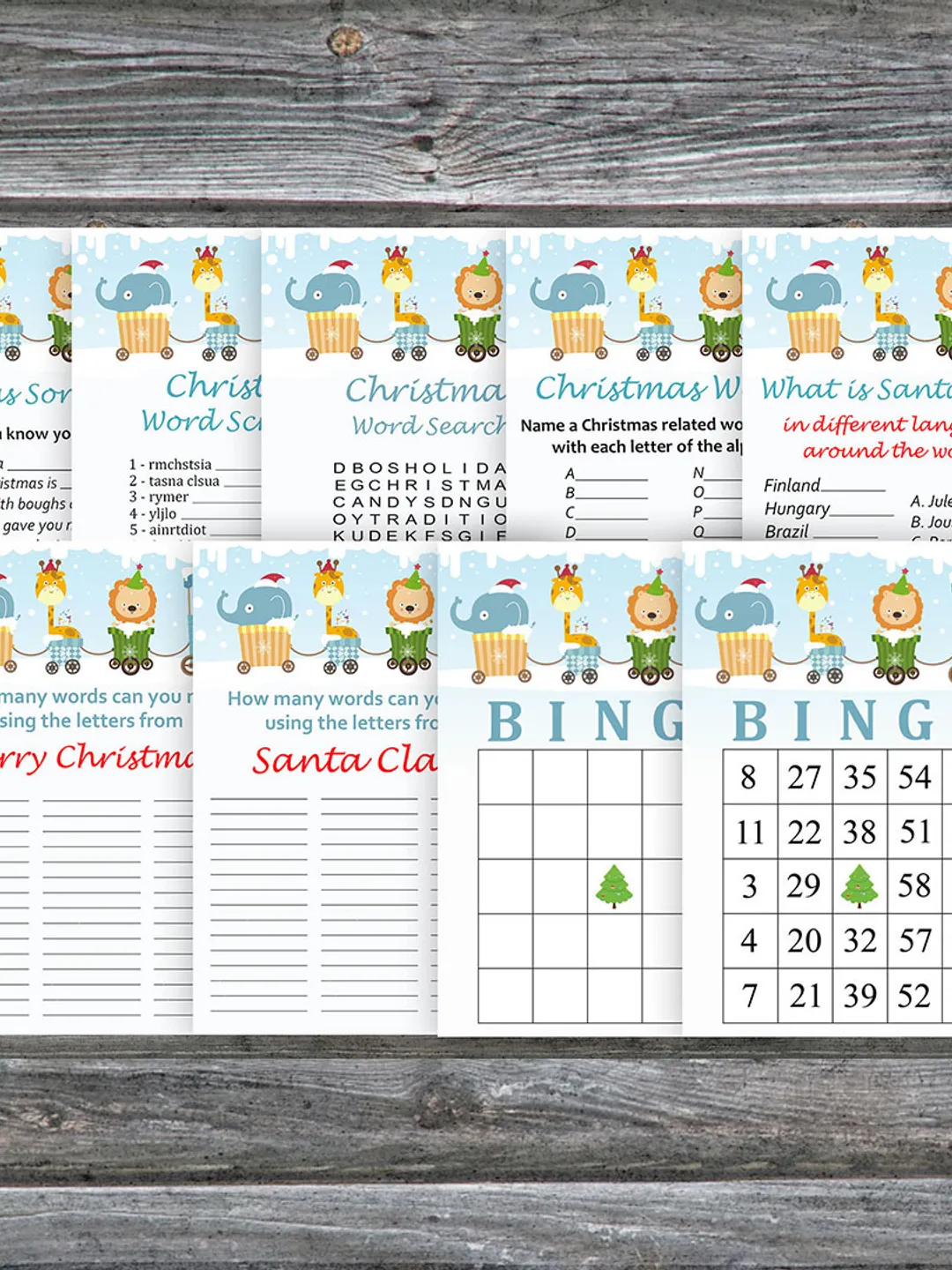 Christmas party games bundle,Printable Christmas Party Game Pack,Christmas train animals Christmas Trivia Game Cards