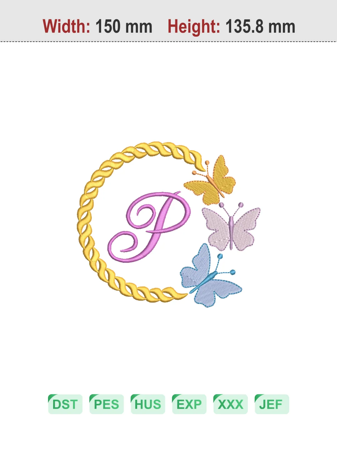 Butterfly Wreath Letter P Machine Embroidery Design
